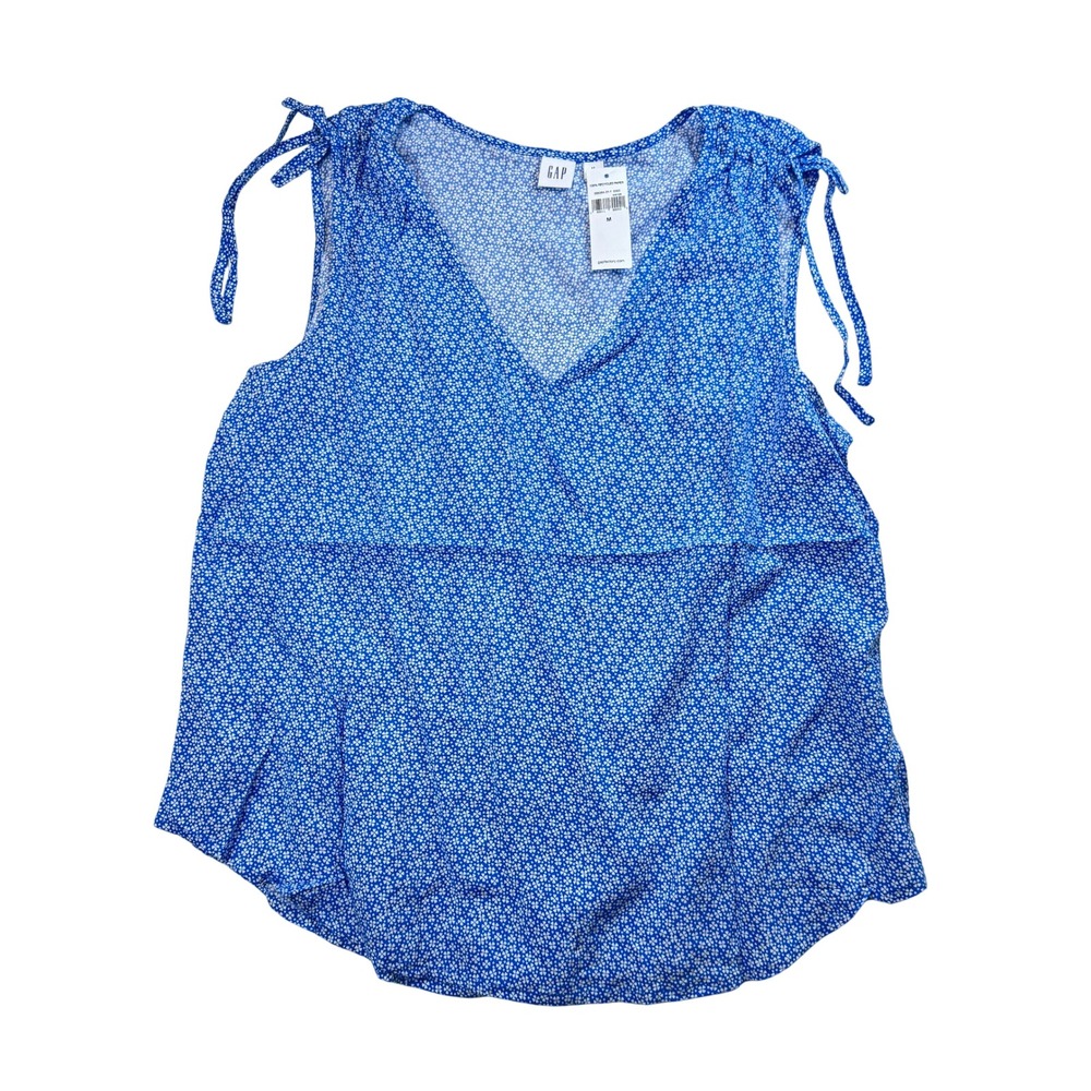 GAP Floral Tie Strap Sleeveless Blouse V-Neck Casual Top Blue White Size M‎ NWT